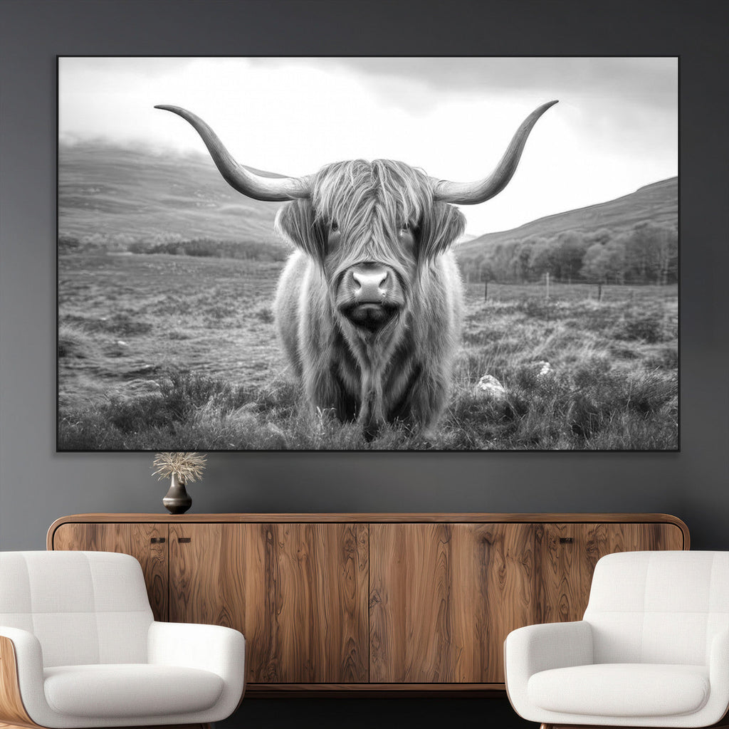 Black White Scottish Highland Cow Canvas Farm Wall Art