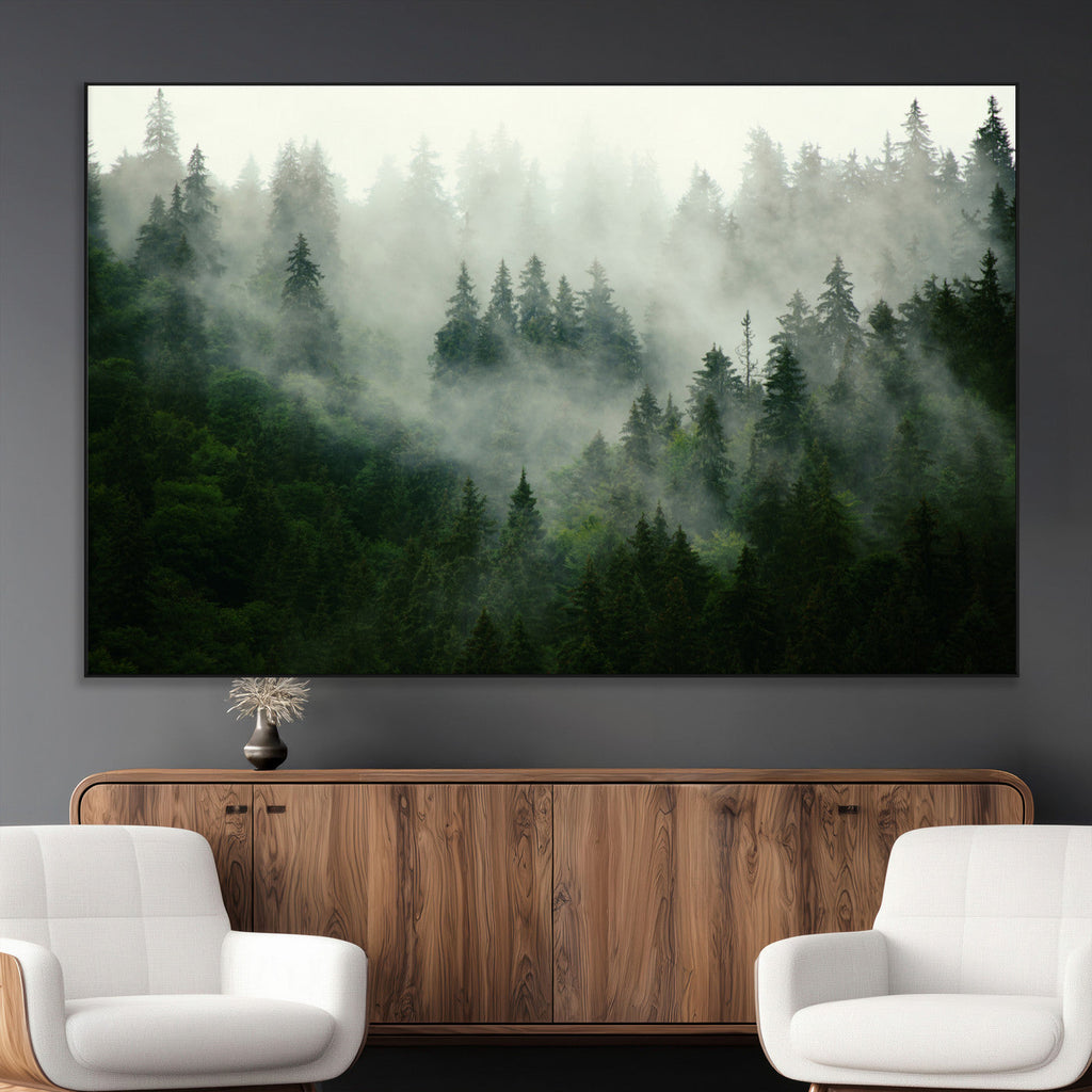 Misty Forest Wall Art | Tranquil Green Woodland Canvas Print