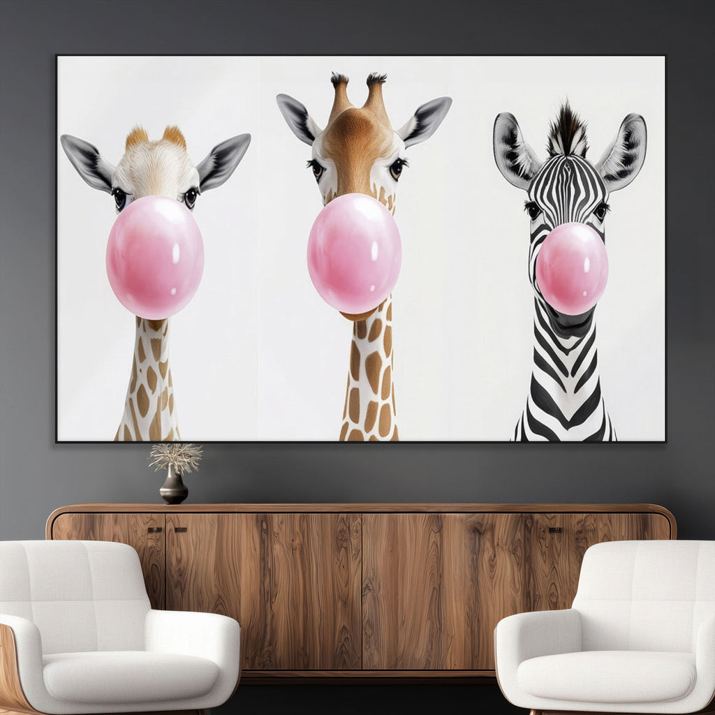 Bubblegum Animals Canvas Wall Art, Playful Giraffe and Zebra Trio, Whimsical Nursery and Kids Room Decor