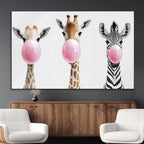 Bubblegum Animals Canvas Wall Art, Playful Giraffe and Zebra Trio, Whimsical Nursery and Kids Room Decor