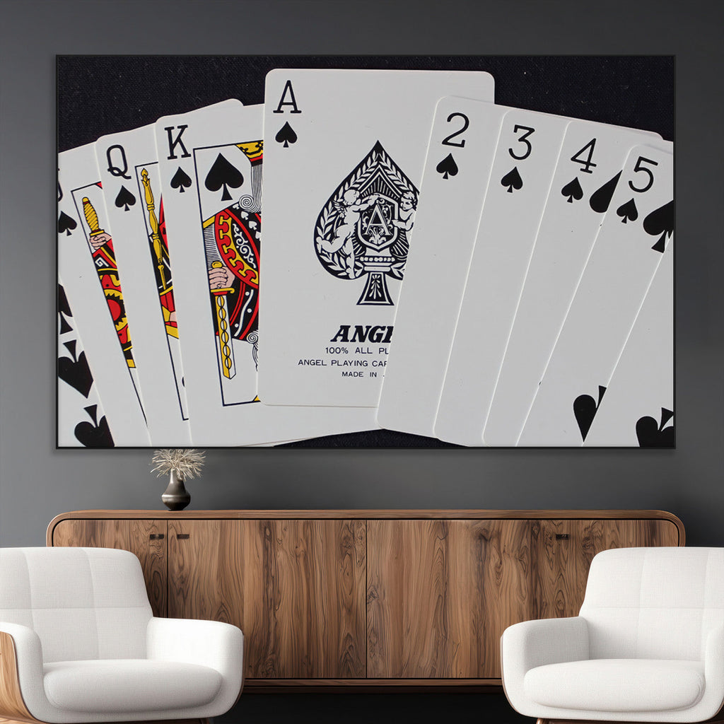Poker Wall Art - Playing Cards Canvas Wall Art Print - Ace of Spades and Royal Flush Design