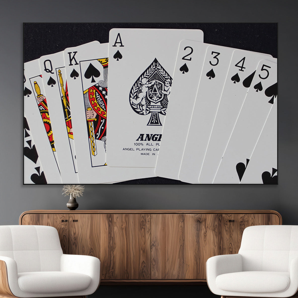 Poker Wall Art - Playing Cards Canvas Wall Art Print - Ace of Spades and Royal Flush Design