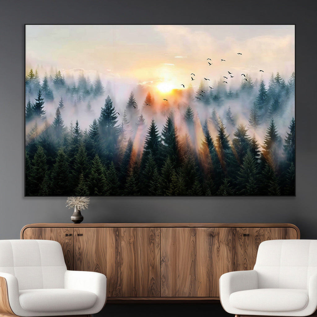 Abstract Forest Wall Art, Serene Nature Canvas Print with Misty Forest Design for Modern Home Decor