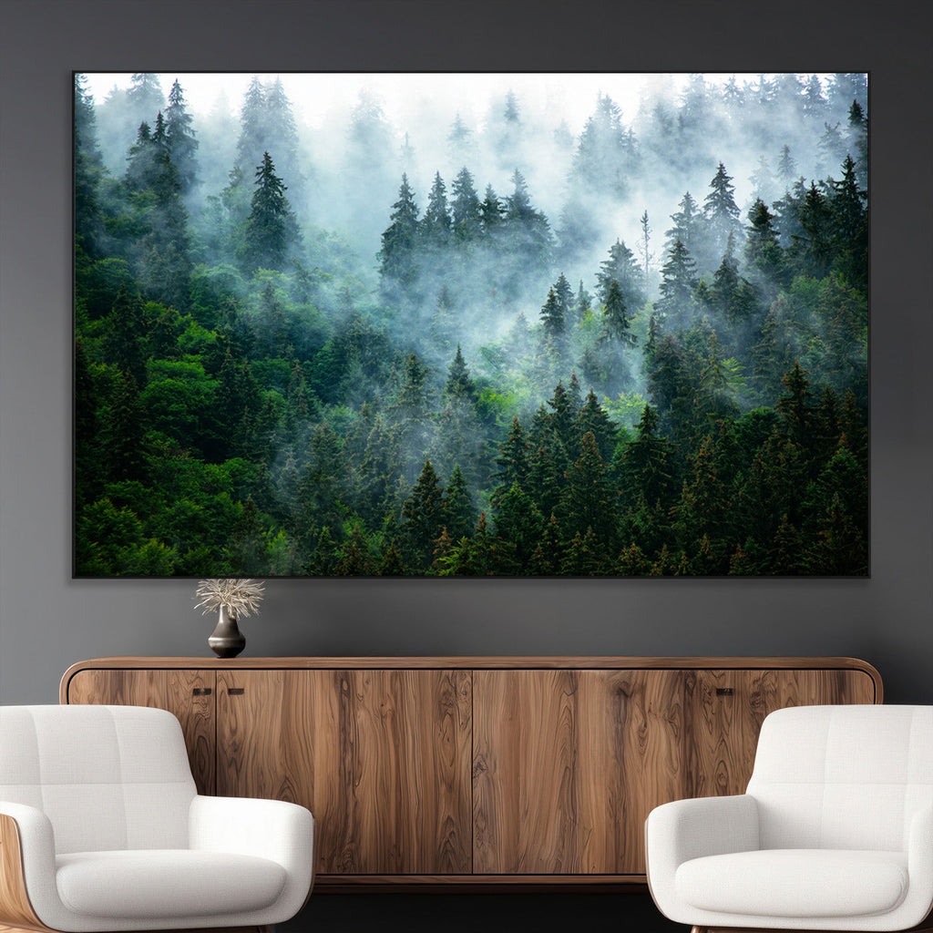Misty Forest Wall Art Canvas Print, Framed Foggy Mountain Art, Large Scenic Woodland Canvas