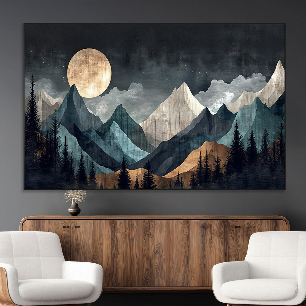 Moonlit Mountain Wall Art Canvas Print, Framed Silhouetted Pines Art, Layered Peaks Rustic Decor