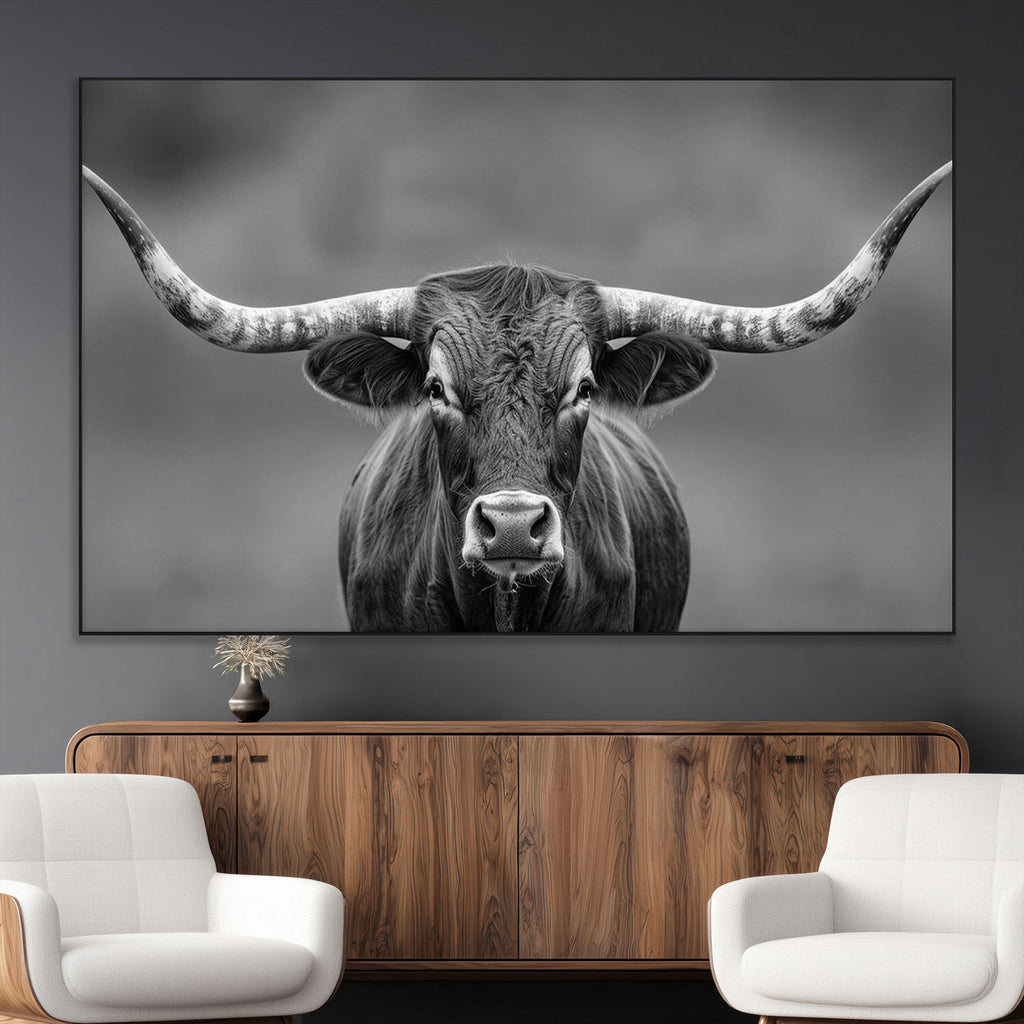Texas Longhorn Wall Art Canvas Print, Framed Western Bull Photography, Rustic Log Cabin Decor