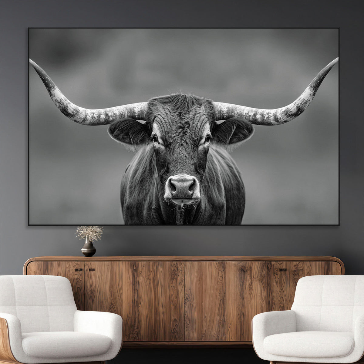 Texas Longhorn Wall Art Canvas Print, Framed Western Bull Photography, Rustic Log Cabin Decor