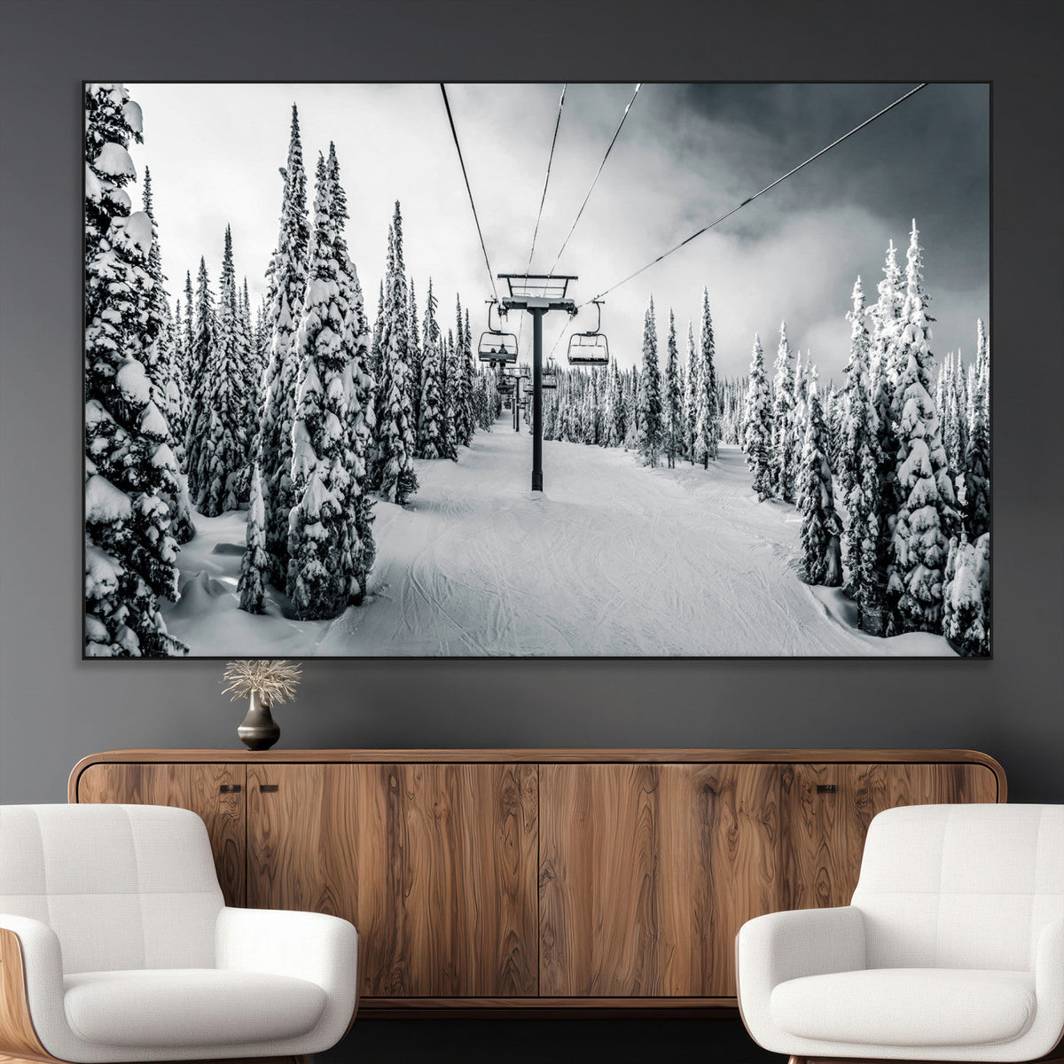 Snowy Pines Wall Art Canvas Print | Ski Lift in a Winter Forest
