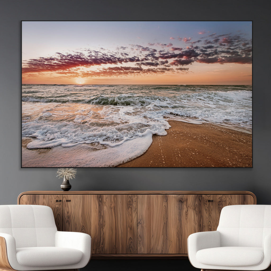 Ocean Sunset Wall Art Canvas Print | Sandy Shore and Gentle Waves