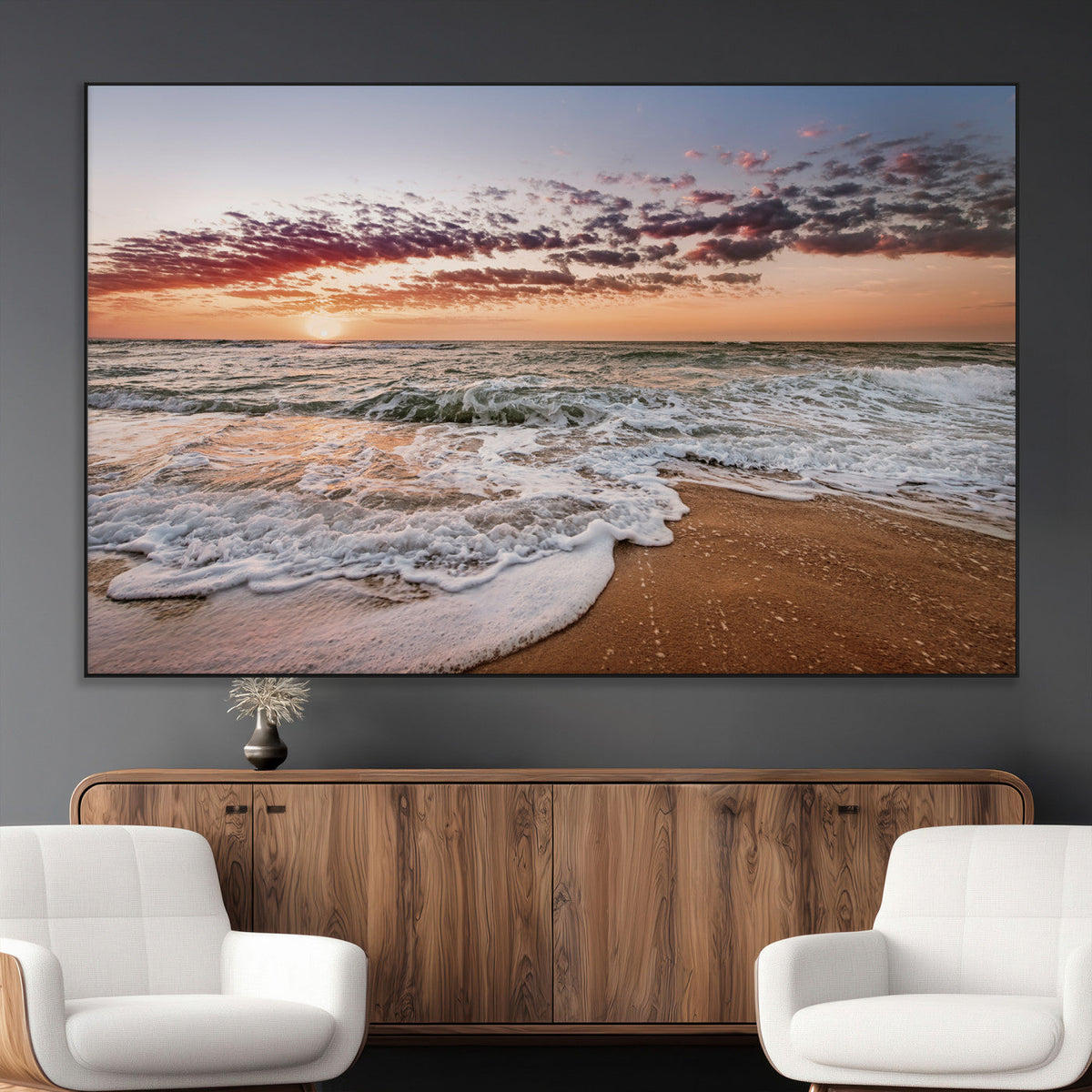 Ocean Sunset Wall Art Canvas Print | Sandy Shore and Gentle Waves