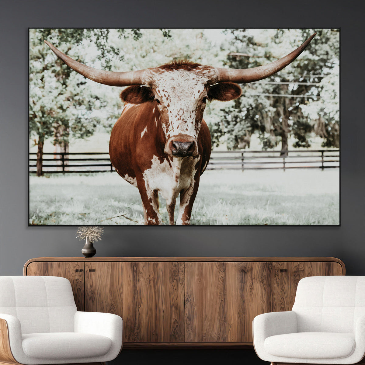 Texas Longhorn Wall Art Canvas Print | Framed Spotted Brown and White Bull