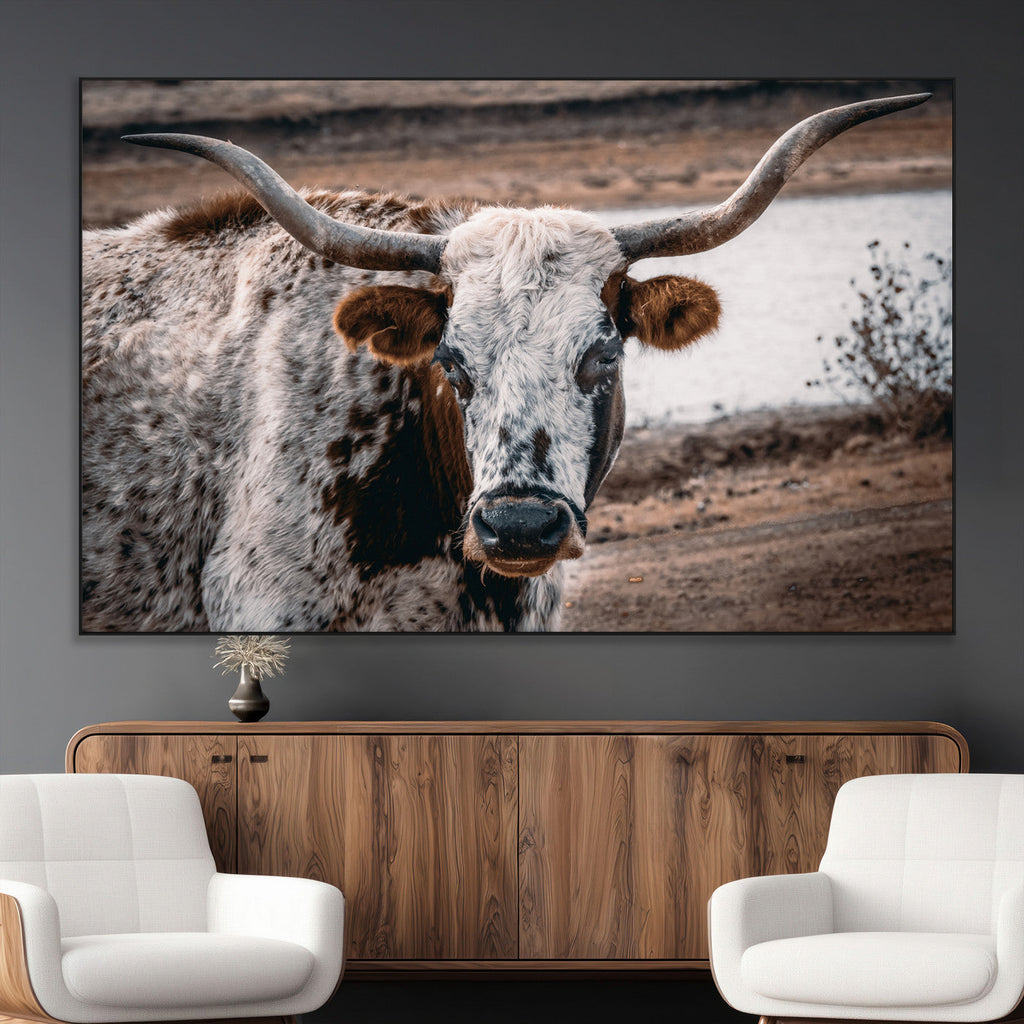 Texas Longhorn Wall Art Canvas Print | Framed Brown and White Spotted Longhorn