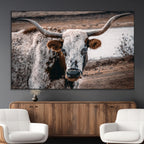 Texas Longhorn Wall Art Canvas Print | Framed Brown and White Spotted Longhorn