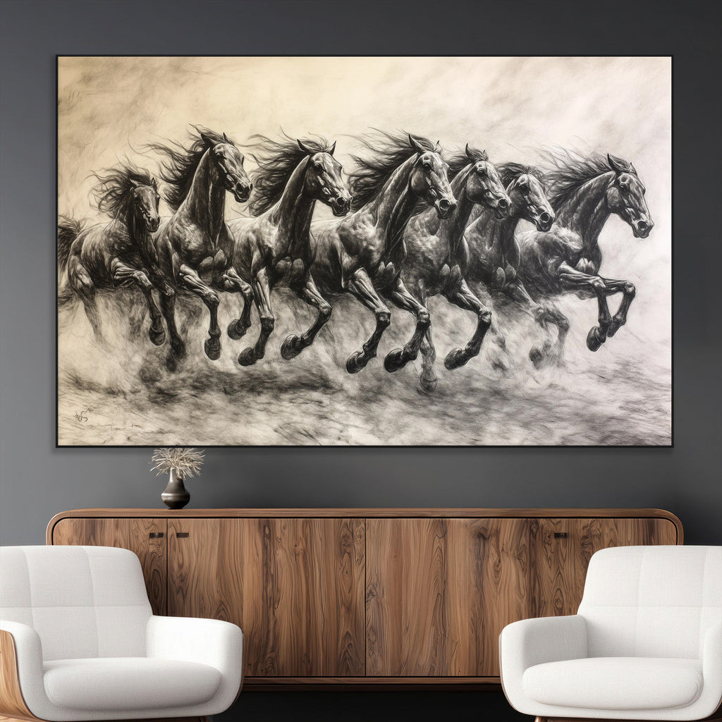 Running Horses Wall Art Canvas Print, Framed Monochrome Galloping Herd Sketch