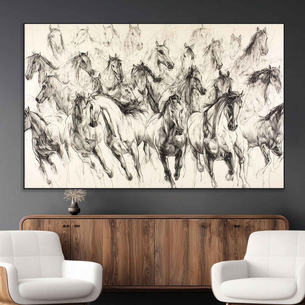 Abstract Horse Wall Art Canvas Print, Framed Horse Sketch with Galloping Herd
