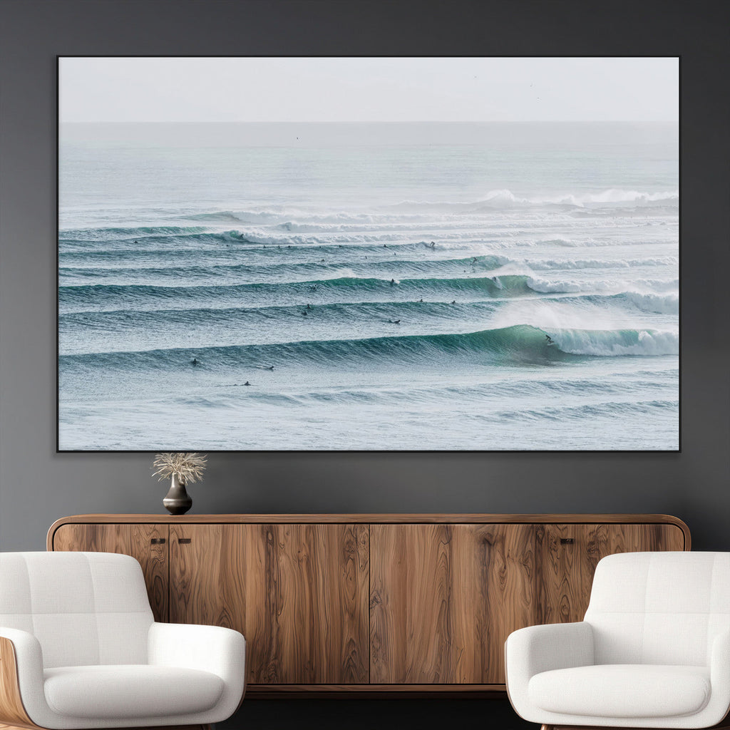 Ocean Waves Wall Art Canvas Print, Framed Surfer Lineup on a Crowded Ocean