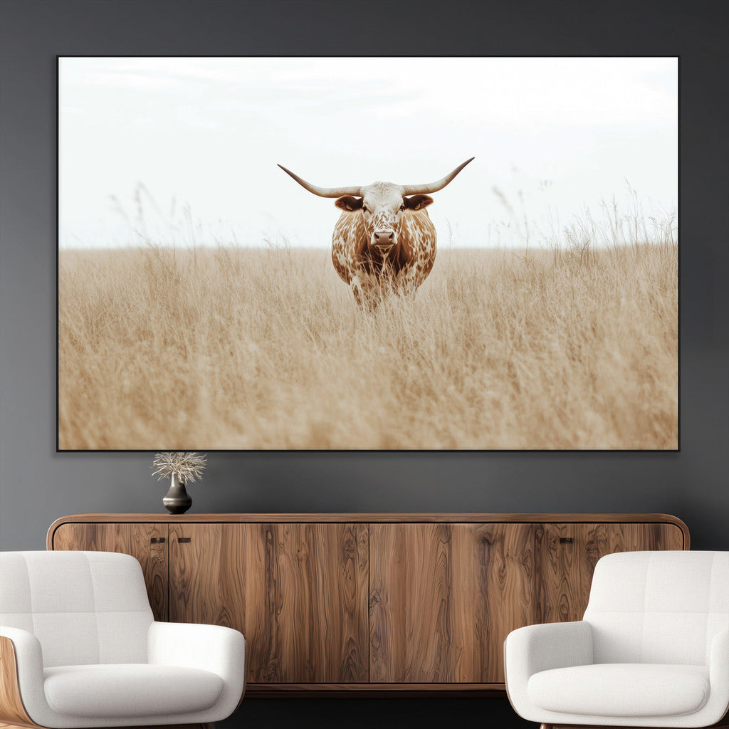 Texas Longhorn Wall Art Canvas Print, Framed Lone Cattle and Longhorn Bull Scene