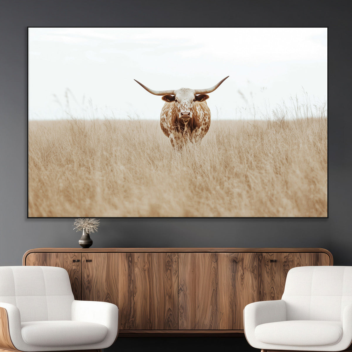 Texas Longhorn Wall Art Canvas Print, Framed Lone Cattle and Longhorn Bull Scene