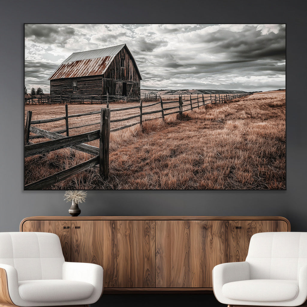 Rustic Barn Wall Art Canvas Print, Framed Moody Field Scene