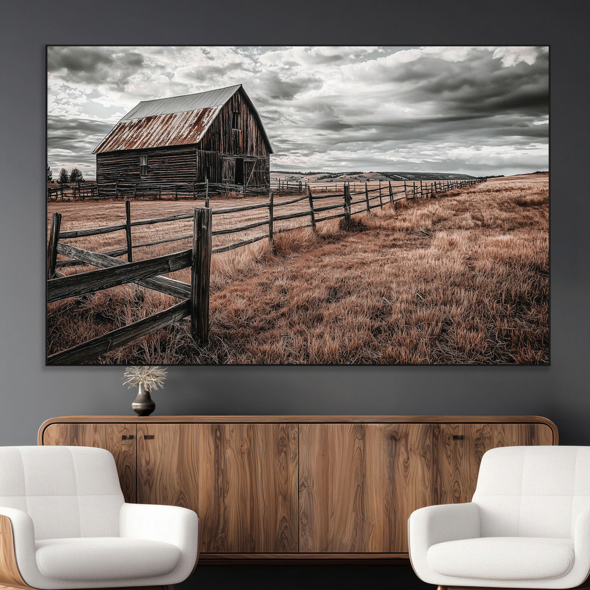 Rustic Barn Wall Art Canvas Print, Framed Moody Field Scene