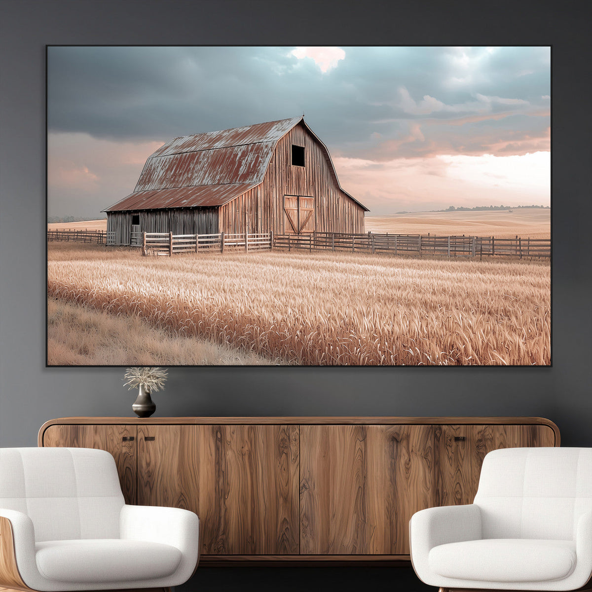 Rustic Barn Wall Art Canvas Print, Framed Wheat Field Scene