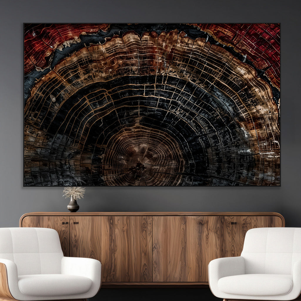 Dark Wood Ring Wall Art Canvas Print, Framed Abstract Tree Slice Print, Rustic Wood Grain Decor