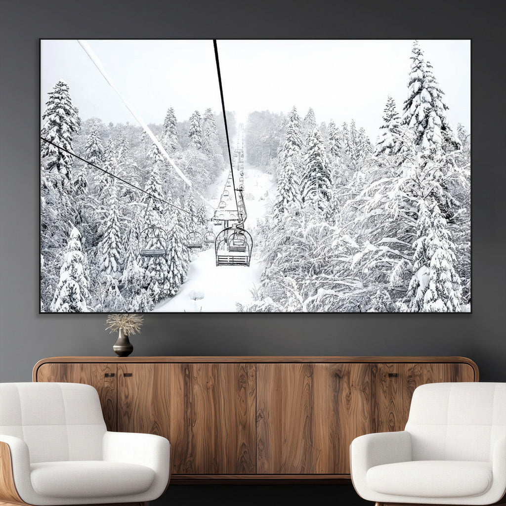 Snowy Ski Lift Wall Art | Framed Winter Mountain Canvas