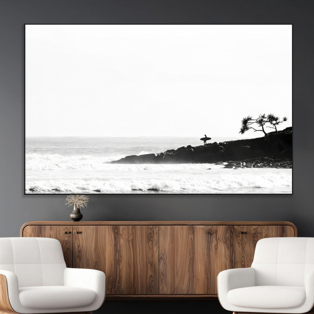 Surfer Cliffs Wall Art Canvas Print, Framed Black White Beach and Ocean Waves