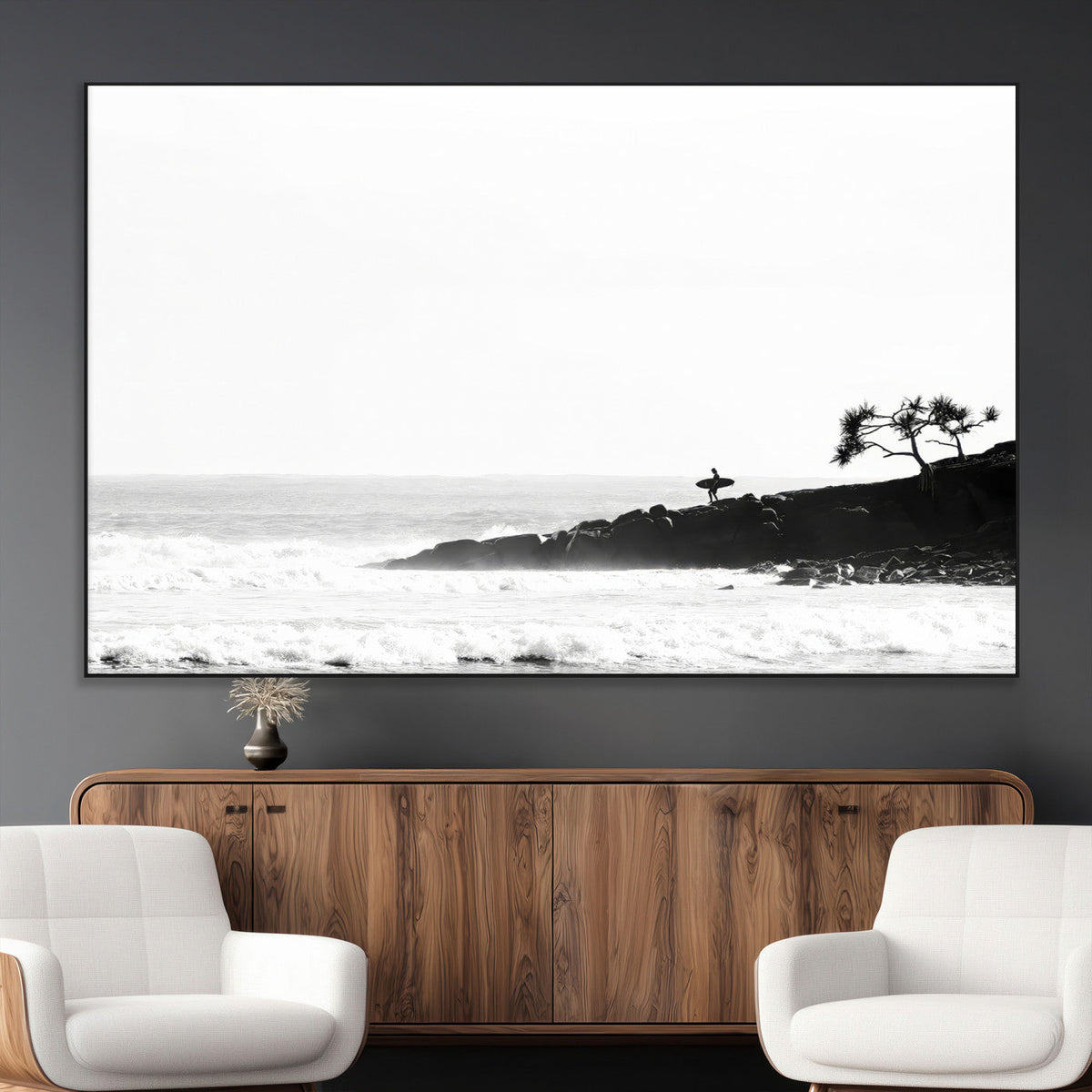 Surfer Cliffs Wall Art Canvas Print, Framed Black White Beach and Ocean Waves