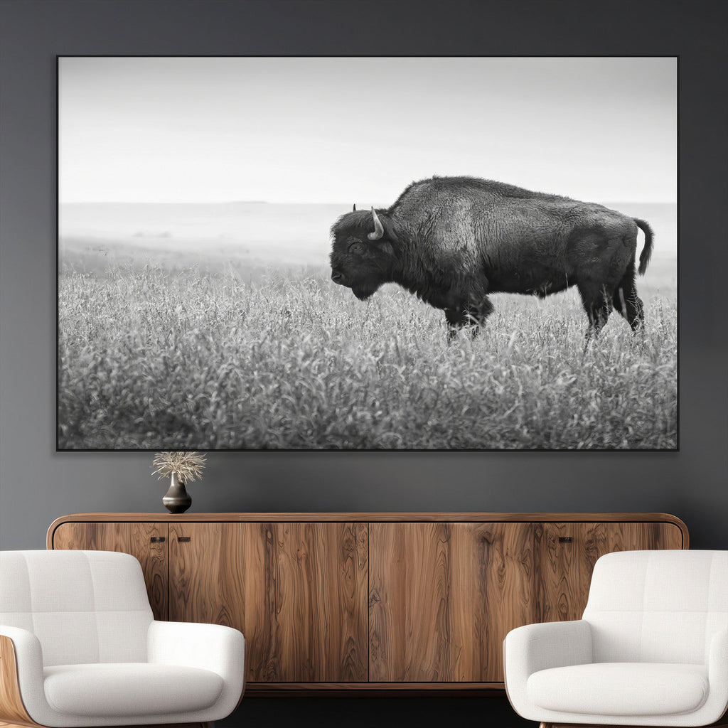 Bison Wall Art Canvas Print, Framed Rustic Wildlife Scene with Wild Buffalo