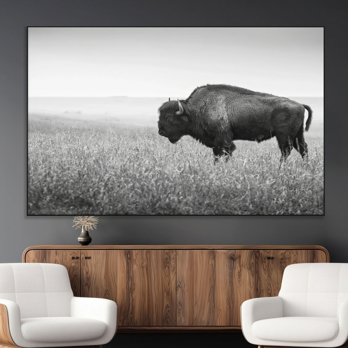 Bison Wall Art Canvas Print, Framed Rustic Wildlife Scene with Wild Buffalo