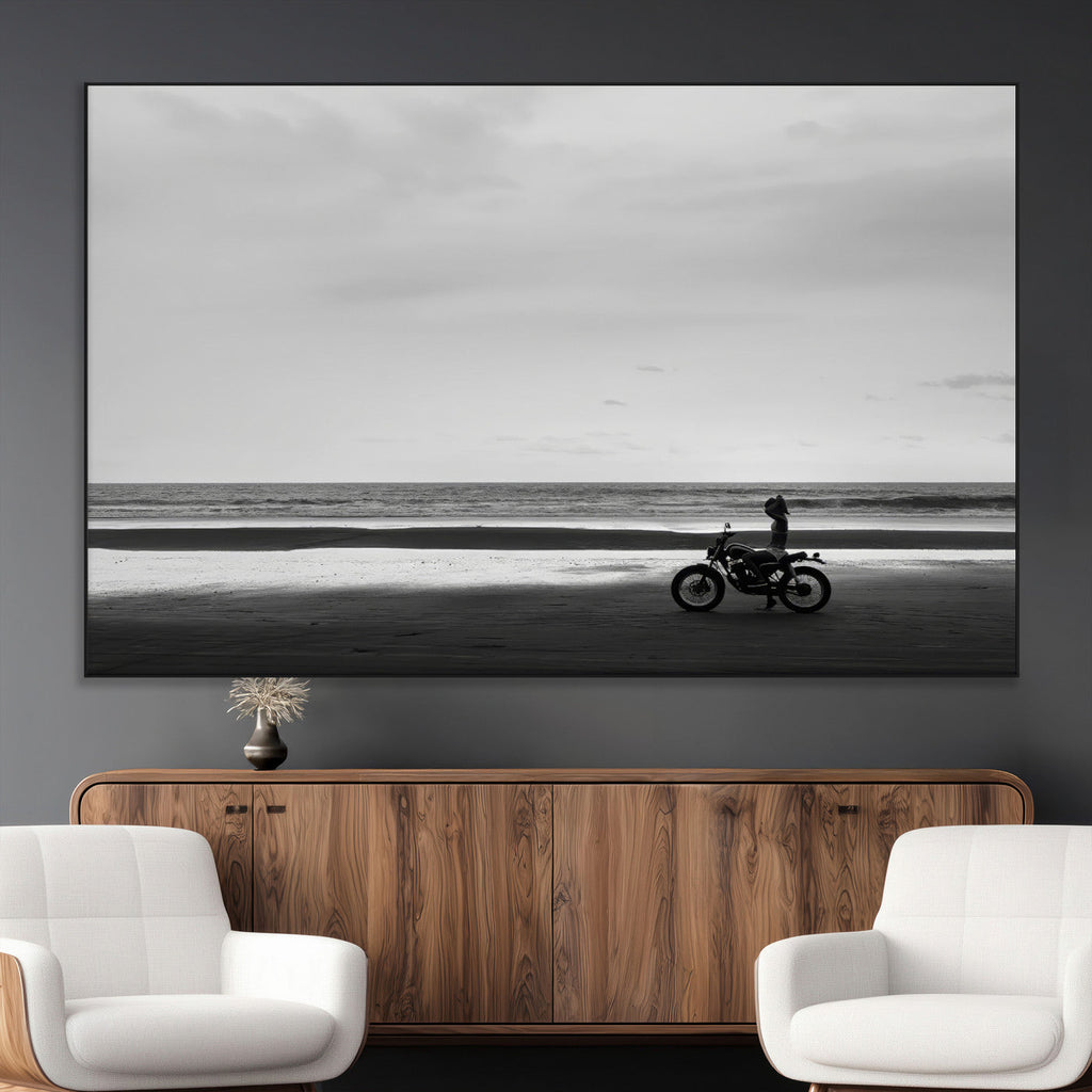 Motorcycle Beach Wall Art Canvas Print, Framed Vintage Motorcycle and Biker Silhouette