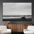 Motorcycle Beach Wall Art Canvas Print, Framed Vintage Motorcycle and Biker Silhouette