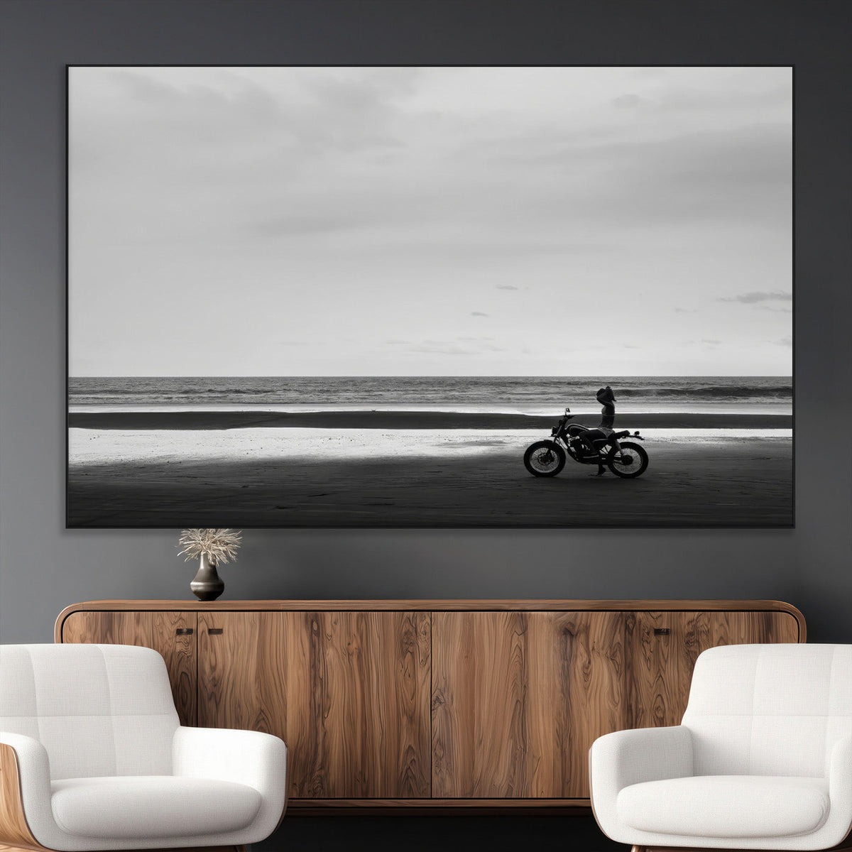 Motorcycle Beach Wall Art Canvas Print, Framed Vintage Motorcycle and Biker Silhouette