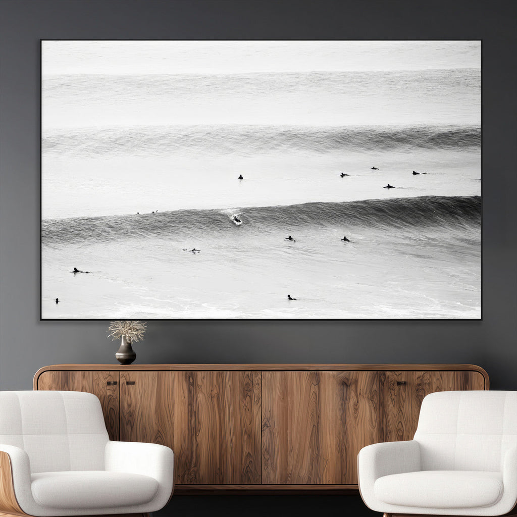 Black White Ocean Wall Art Canvas Print, Framed Coastal Sport and Ocean Swimmers Scene