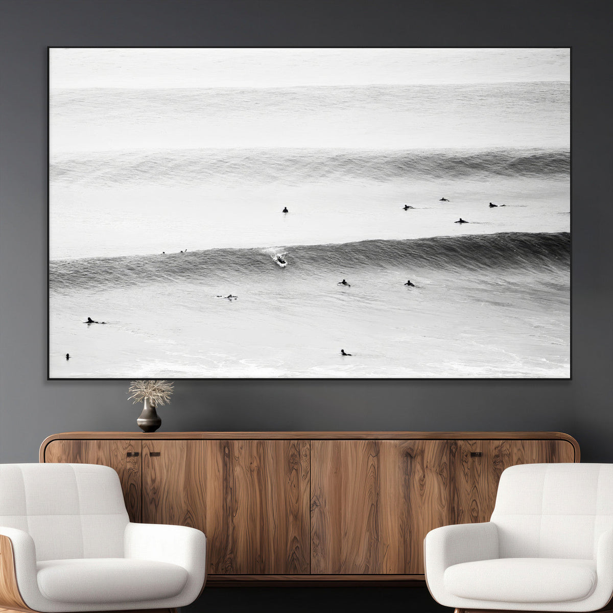 Black White Ocean Wall Art Canvas Print, Framed Coastal Sport and Ocean Swimmers Scene