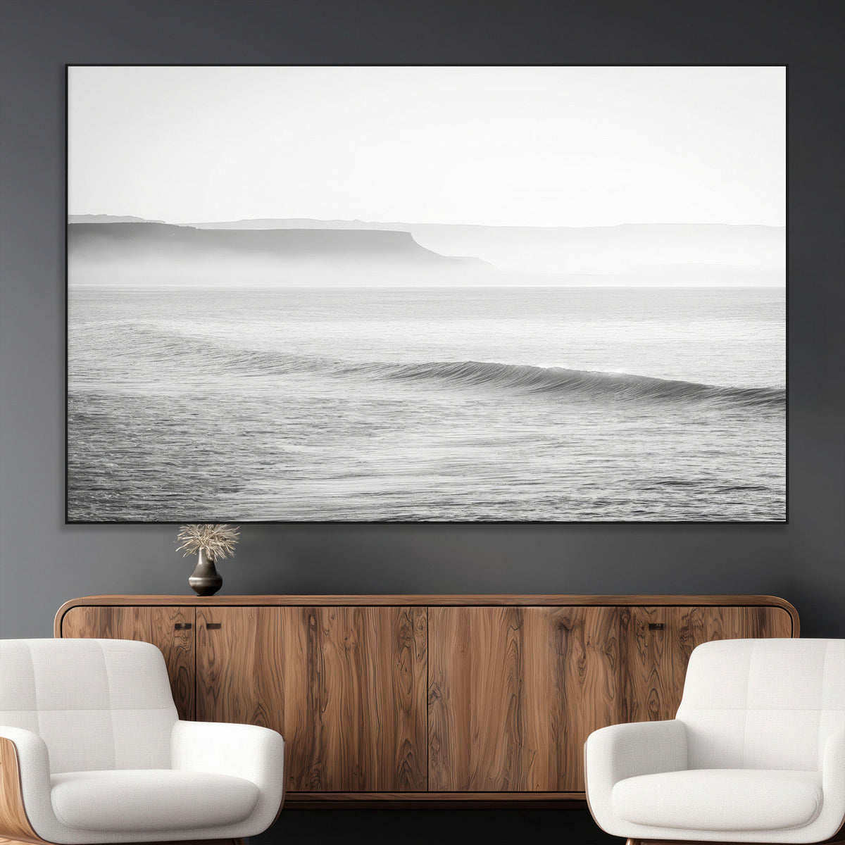 Black and White Seascape Wall Art Canvas Print, Framed Misty Ocean Waves