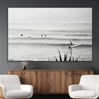 Surfer Silhouette Wall Art Canvas Print, Framed Calm Ocean Monochrome Surf