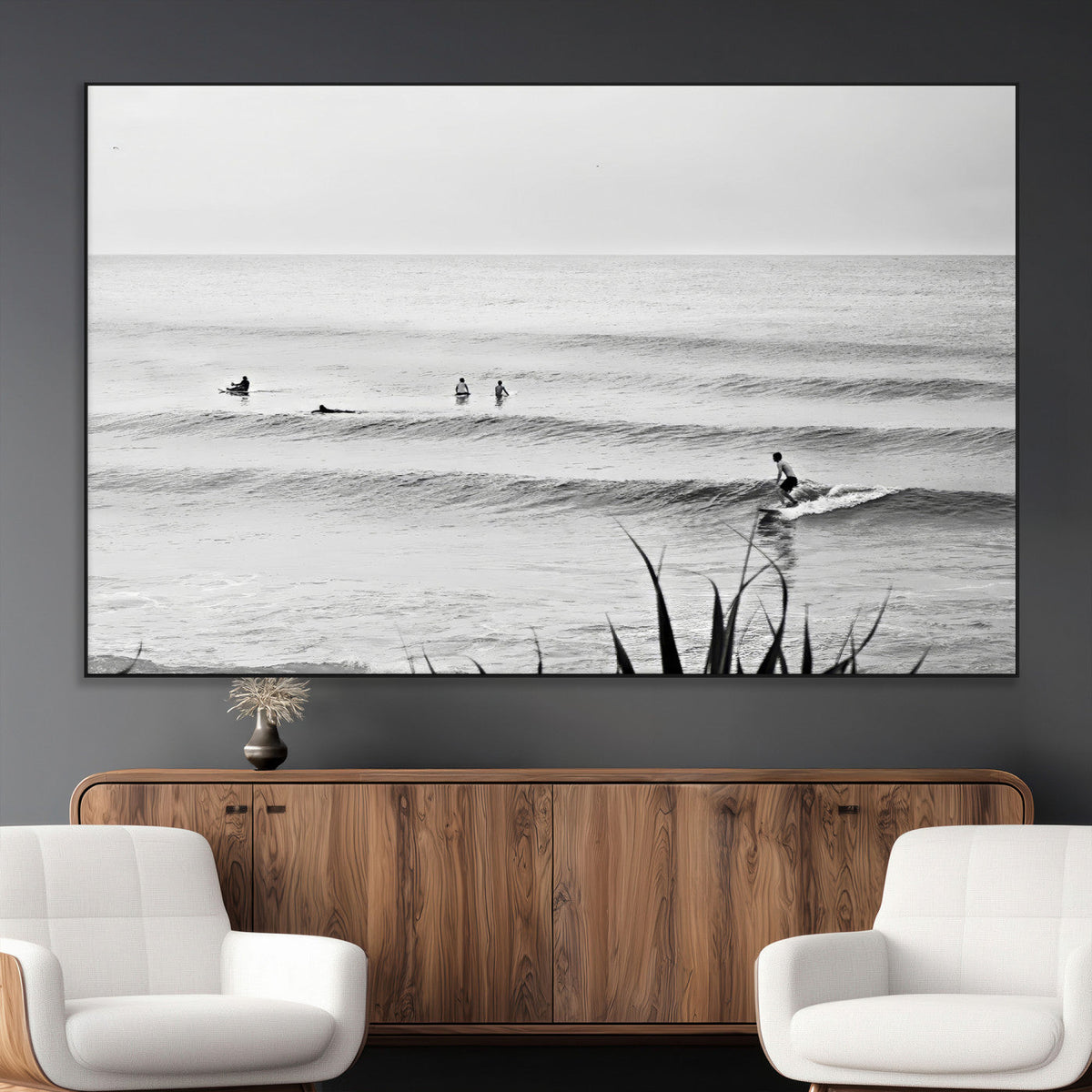 Surfer Silhouette Wall Art Canvas Print, Framed Calm Ocean Monochrome Surf