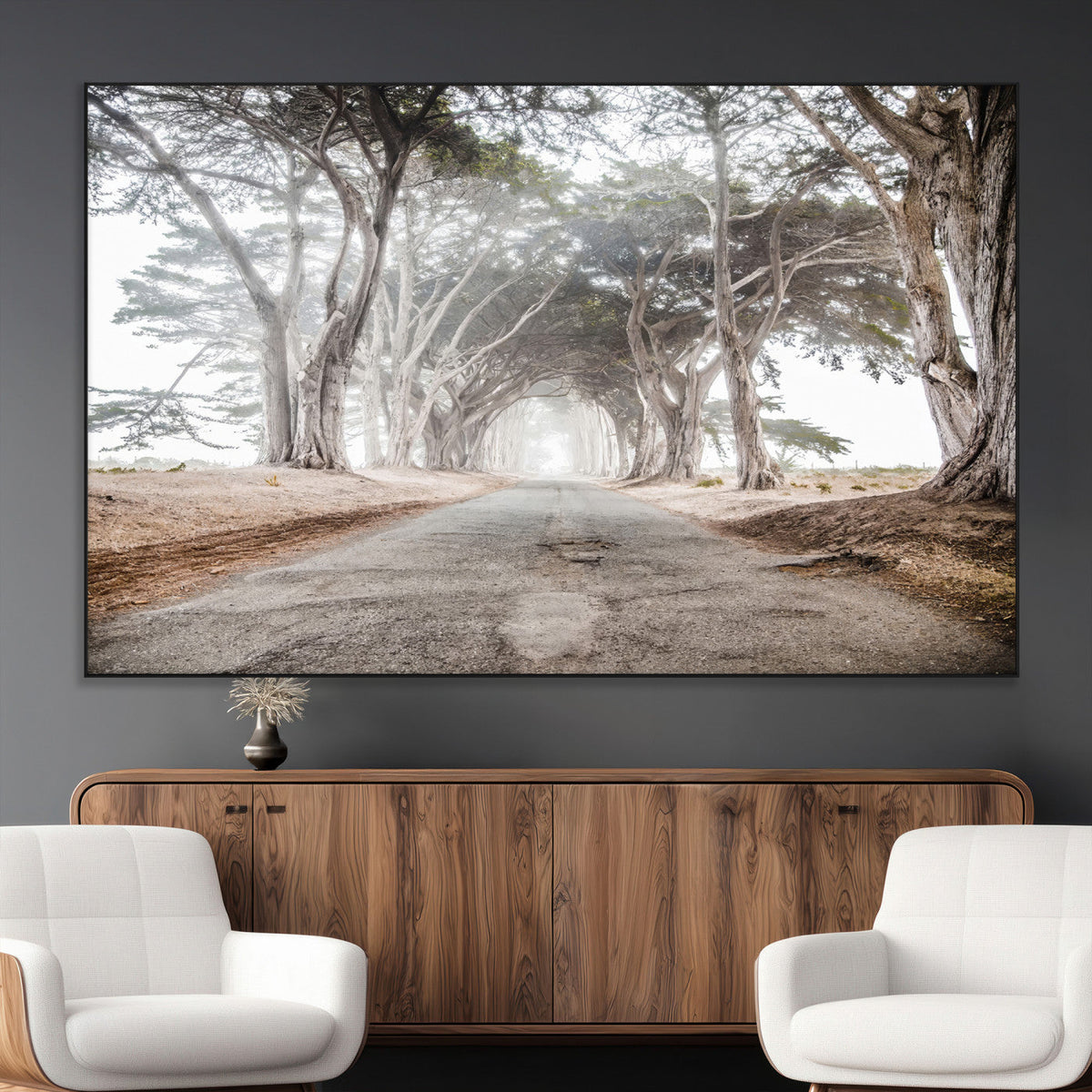 Cypress Tunnel Wall Art | Framed Misty Road Canvas Artwork