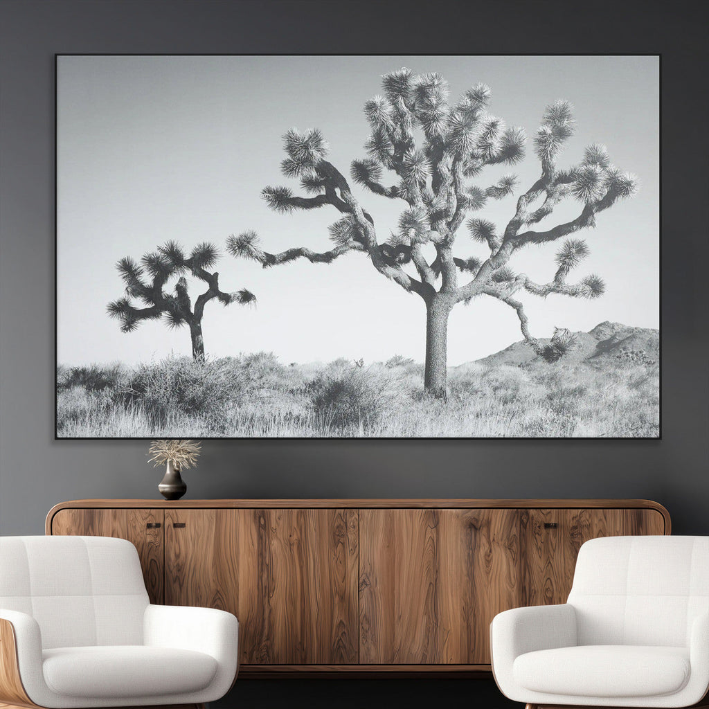 Joshua Tree Wall Art Canvas Print, Framed Black and White Desert Landscape Artwork