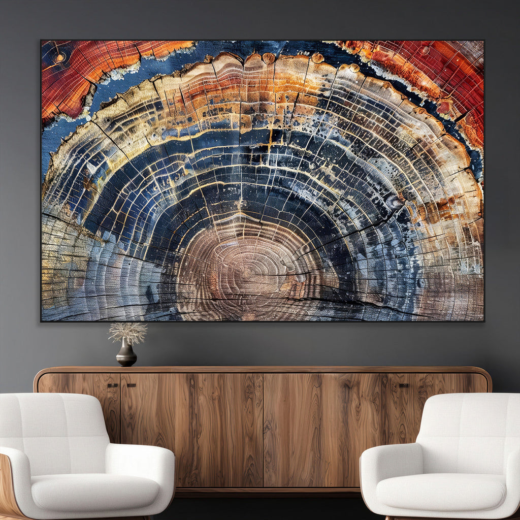 Tree Rings Wall Art Canvas Print, Framed Petrified Wood Modern Rustic