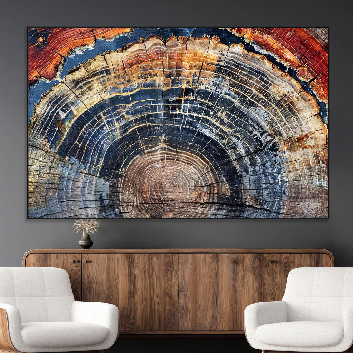 Tree Rings Wall Art Canvas Print, Framed Petrified Wood Modern Rustic