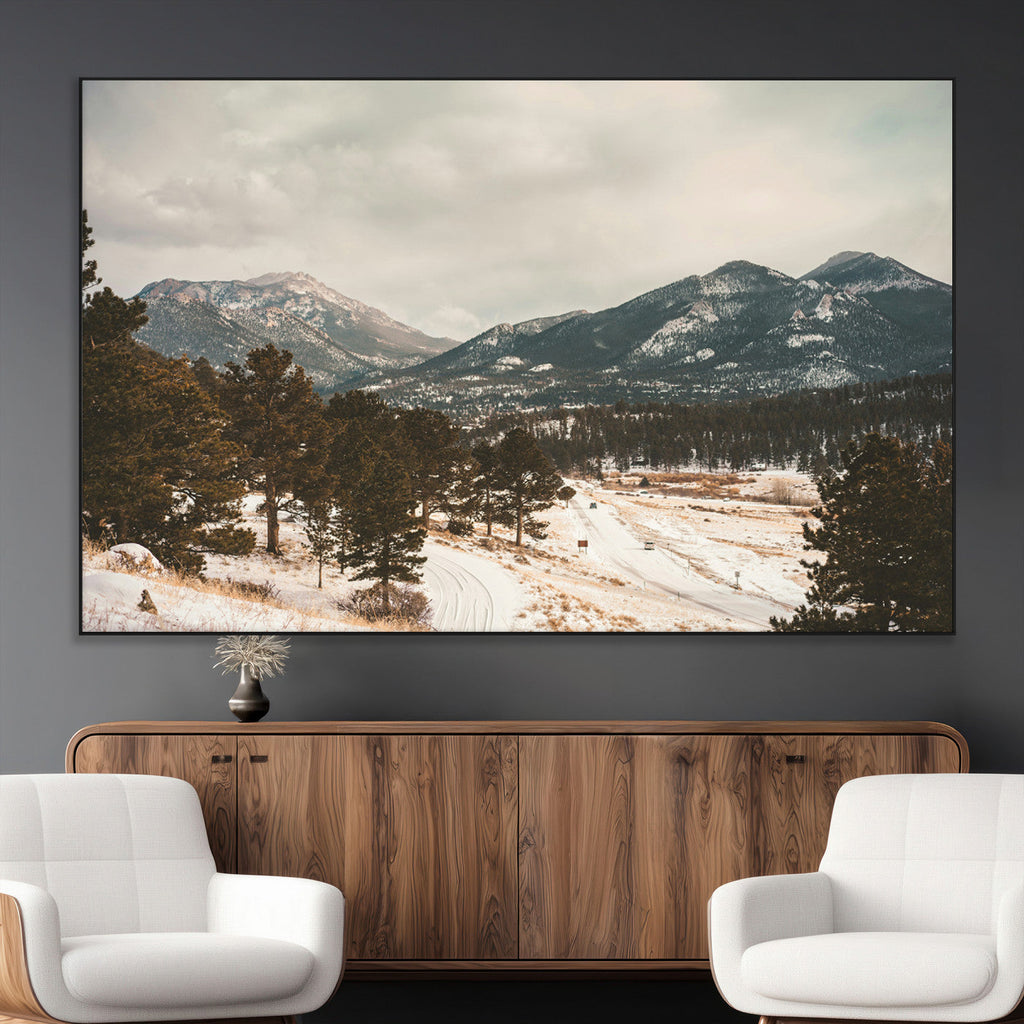 Mountain Landscape Wall Art Canvas Print, Framed Snowy Peaks Alpine Winter