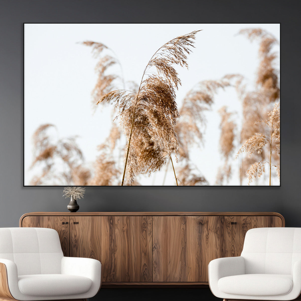 Pampas Grass Wall Art Canvas Print, Framed Neutral Tones Minimalist Boho