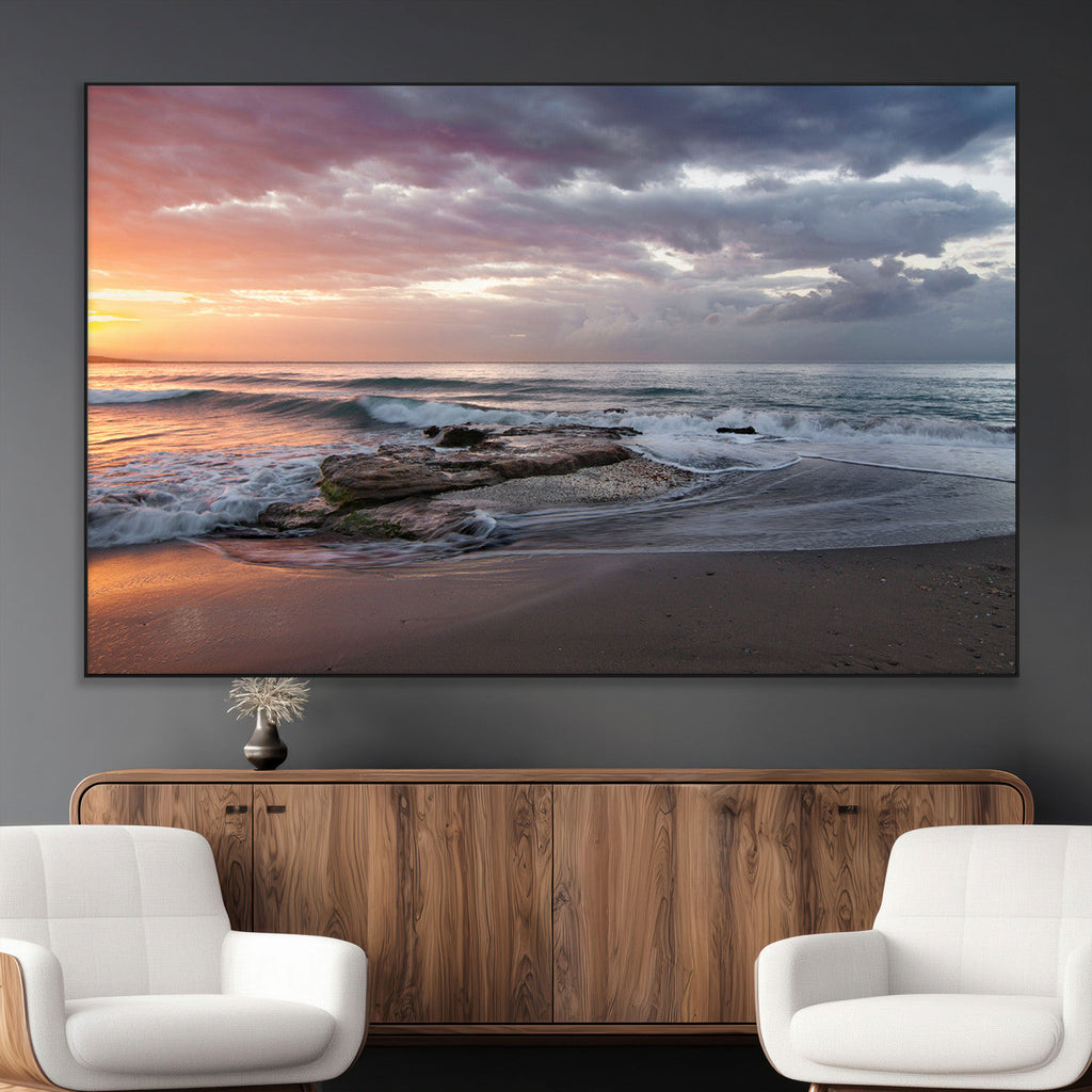 Golden Hour Wall Art Canvas Print, Framed Tranquil Waves Beach Sunset