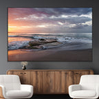 Golden Hour Wall Art Canvas Print, Framed Tranquil Waves Beach Sunset
