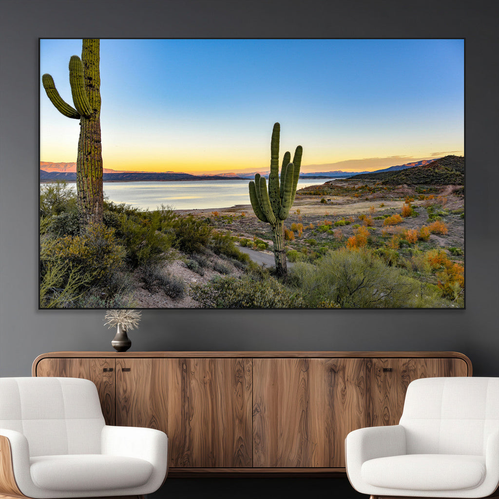 Saguaro Cactus Wall Art Canvas Print, Framed Desert Sunset Southwestern
