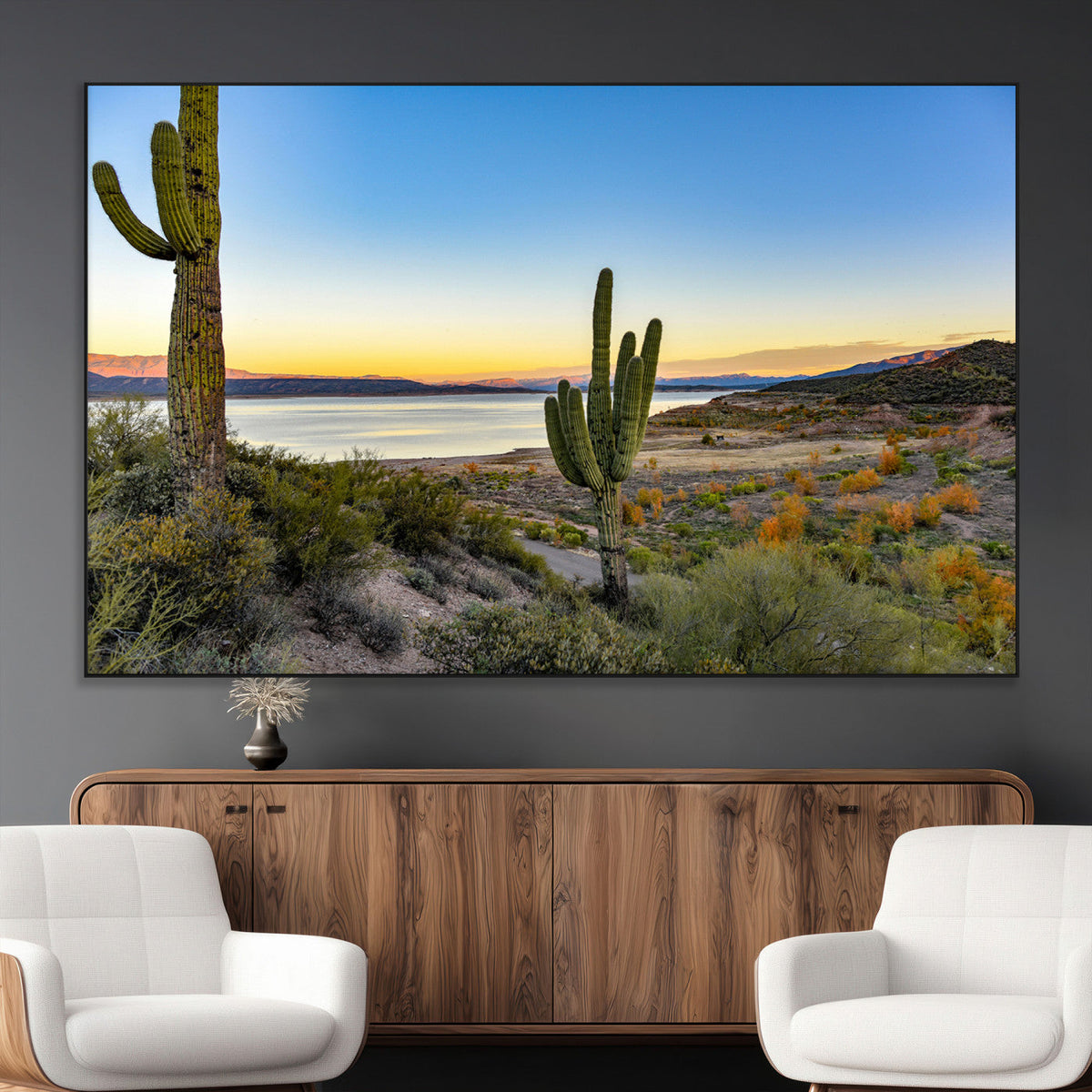Saguaro Cactus Wall Art Canvas Print, Framed Desert Sunset Southwestern