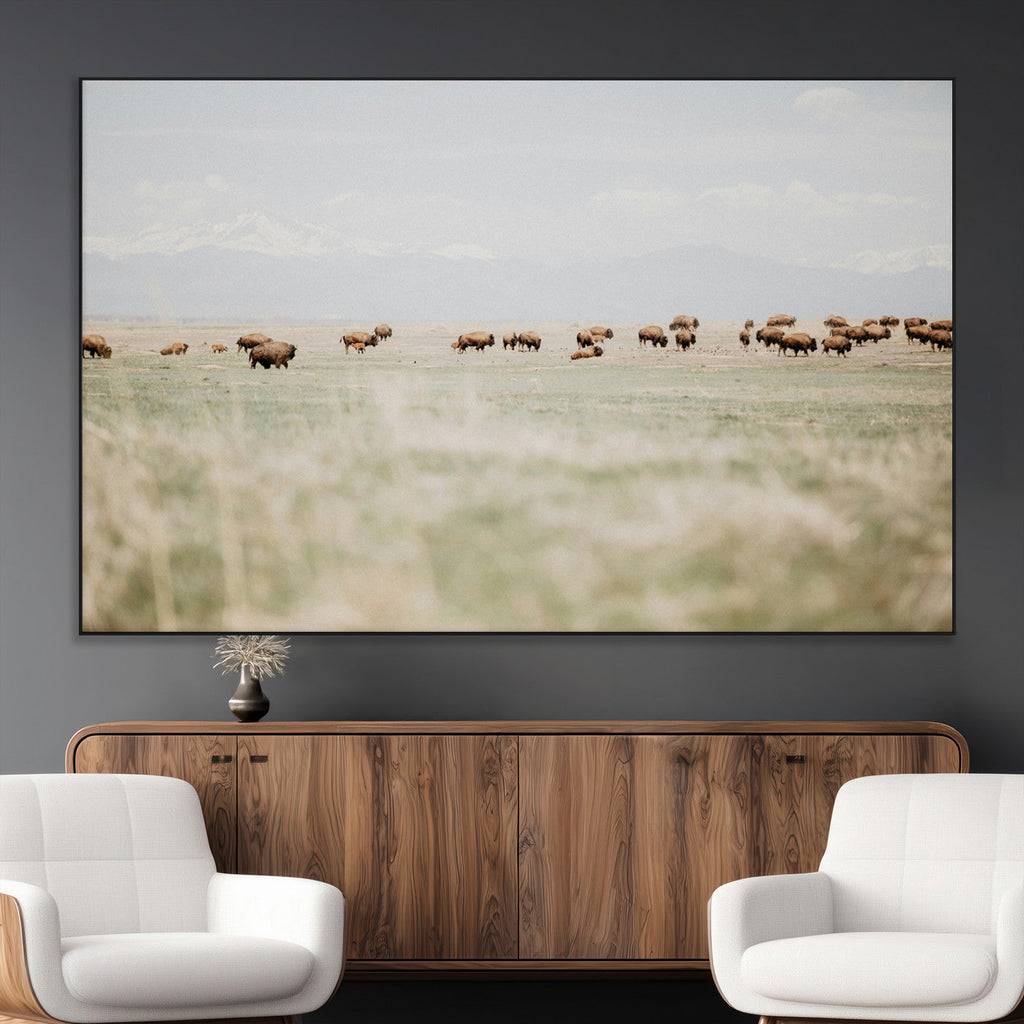 Bison Herd Wall Art Canvas Print, Framed Western Ranch Nature Scene